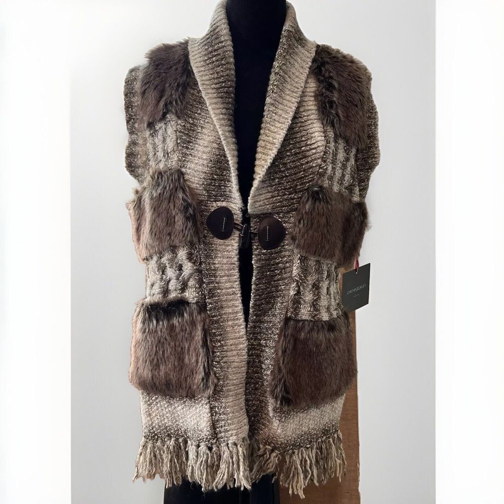 Cynthia Rowley Womens Textured Knit Faux Fur Vest Brown Cream Fringe XL